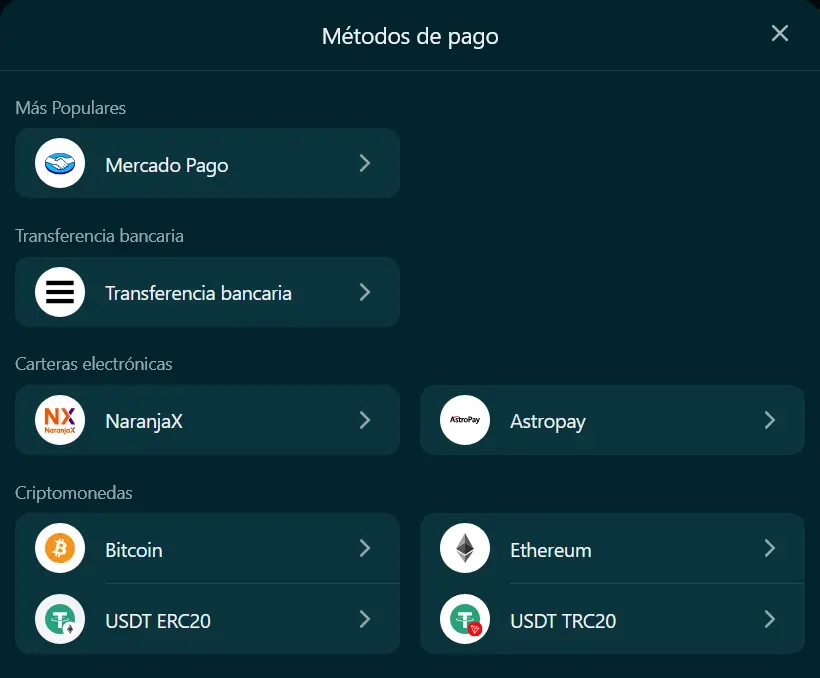 Métodos de pago de Betonwin: Mercado Pago, transferencia bancaria, billeteras y criptomonedas